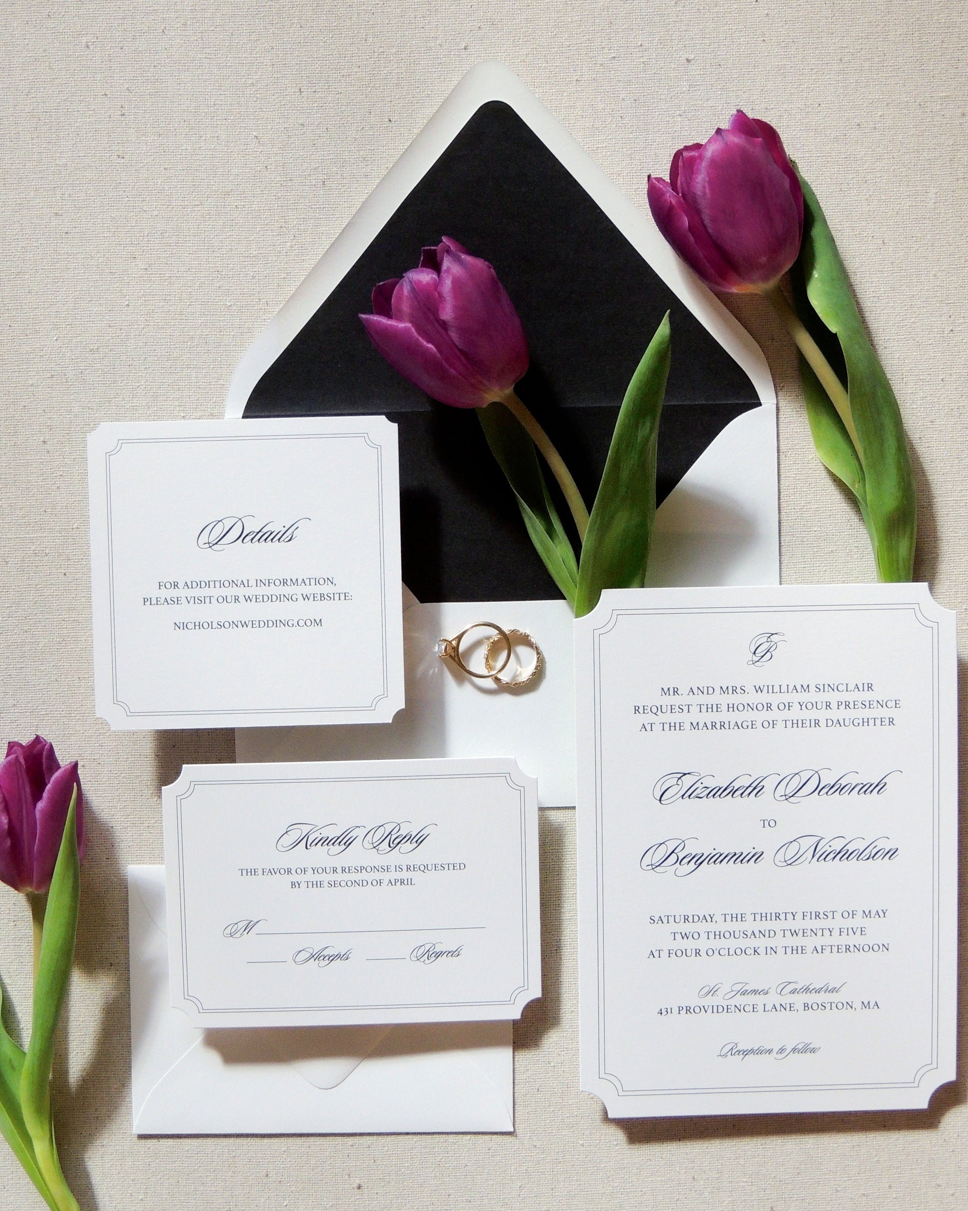 Wedding invitation set with purple tulips on a neutral background