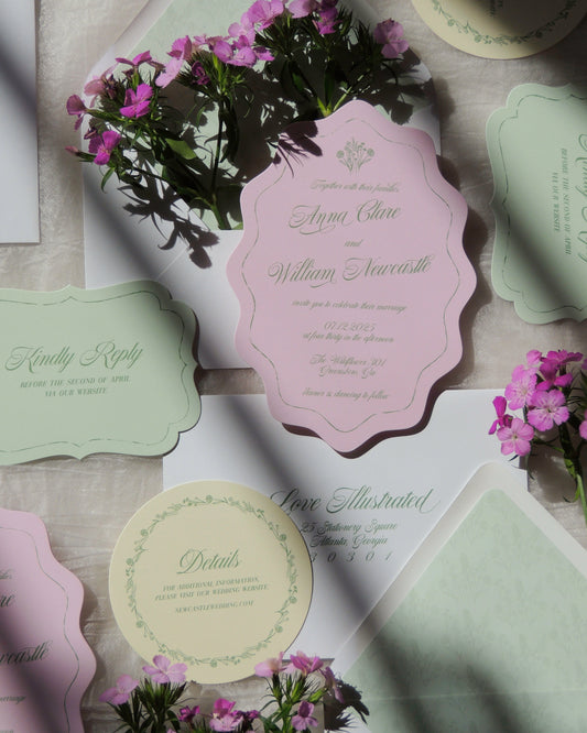 Wedding invitation set with pink and green colors on a textured surface with flowers.